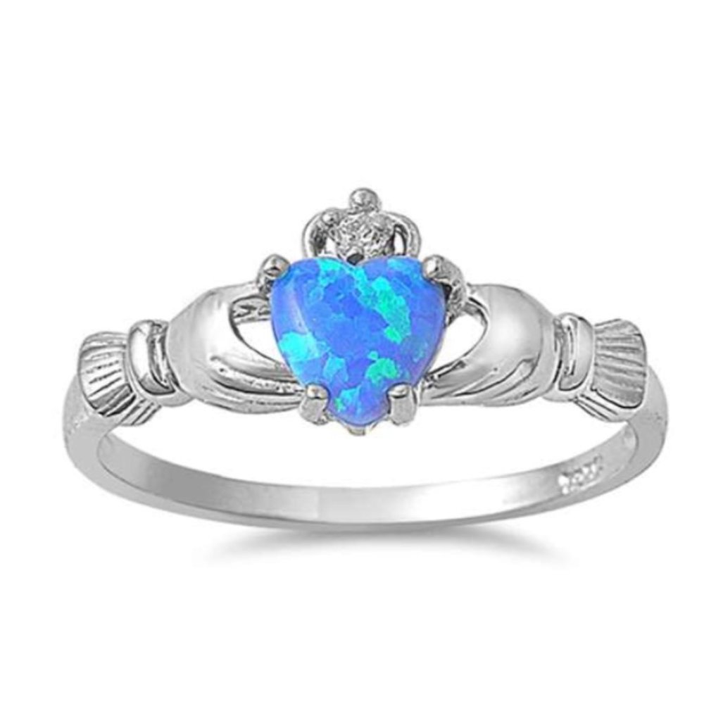 Lab Created Blue Opal Claddagh Ring .925 Sterling Silver Ring